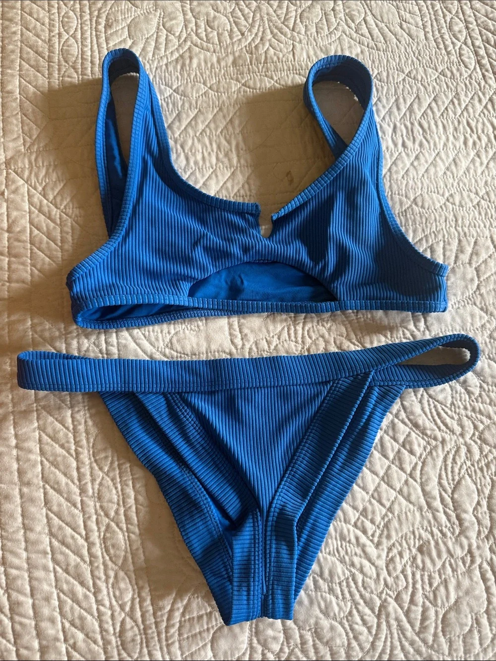 Frankie’s Blue Ribbed Women’s Two-Piece Swim Bikini Set- Top (M) Bottoms (L)